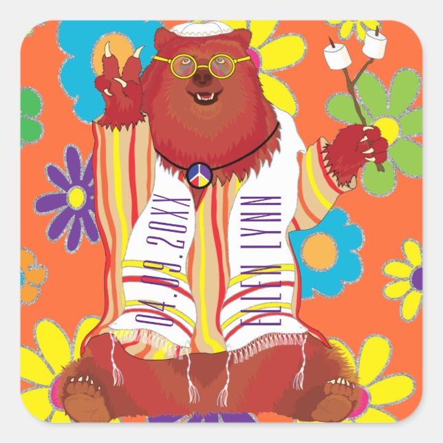 Pegatina Cuadrada Bate del BM Bar Mitzvah Hippie Happy Bear (Anverso)
