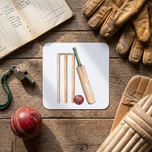 Pegatina Cuadrada Bate y pelota de cricket clásicos con acuarela