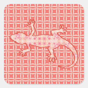 Pegatina Cuadrada batik tribal Gecko - rosa de coral y crema