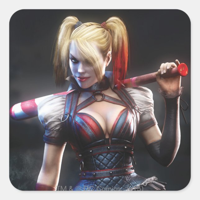 Pegatina Cuadrada Batman Arkham Knight | Harley Quinn con murciélago (Anverso)