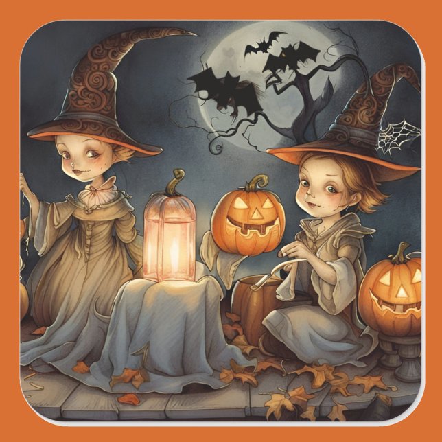 Pegatina Cuadrada Bats de calabaza de las brujas cutáneos de Hallowe (Subido por el creador)