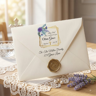 Pegatina Cuadrada Bautismo de bebé personalizado Floral Púrpura