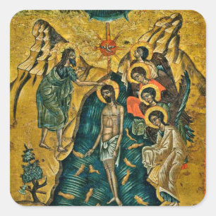 Pegatina Cuadrada Bautismo de Cristo Icono Cristiano Ortodoxo