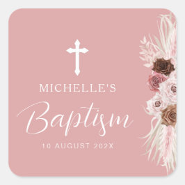 Pegatina Cuadrada bautismo de cruz floral rosa polvoriento