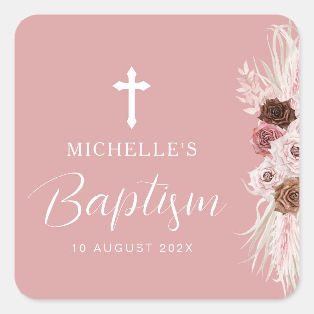 Pegatina Cuadrada bautismo de cruz floral rosa polvoriento (Anverso)