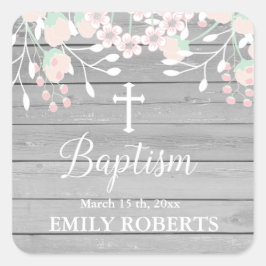 Pegatina Cuadrada Bautismo floral rubio de madera gris