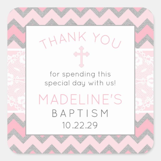 Pegatina Cuadrada Bautismo gris rosado ruso gracias a favor del pega (Anverso)