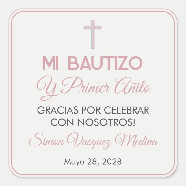 Pegatina Cuadrada Bautismo Minimalista simple y primer cumpleaños (Anverso)