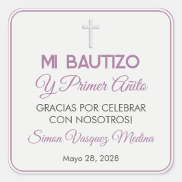 Pegatina Cuadrada Bautismo Minimalista simple y primer cumpleaños