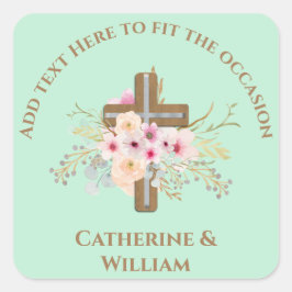 Pegatina Cuadrada Bautismo personalizado y cruz floral cristiana