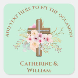 Pegatina Cuadrada Bautismo personalizado y cruz floral cristiana