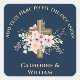Pegatina Cuadrada Bautismo personalizado y cruz floral cristiana