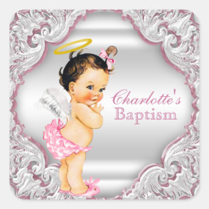 Pegatina Cuadrada Bautizo de ángel de niñas