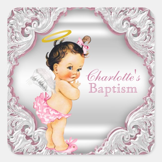 Pegatina Cuadrada Bautizo de niña ángel (Anverso)