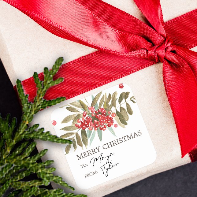 Pegatina Cuadrada Bayas Clásicas de Navidad con Acuarela (Classic Watercolor Christmas Berries Square Sticker)