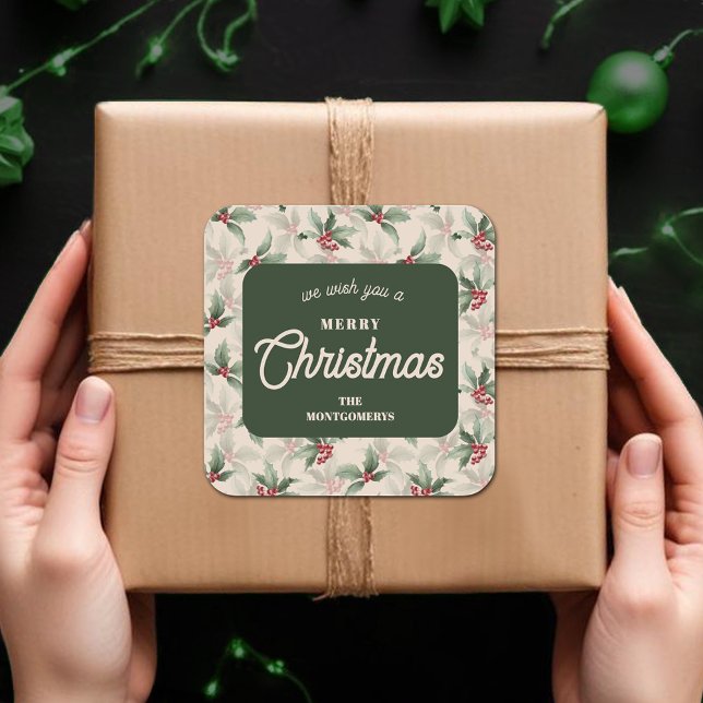 Pegatina Cuadrada Bayas de Acebo de Navidad Comida Casera Hornear Fi (We Wish you a Merry Christmas holly and berries homemade food holiday baking square stickers)