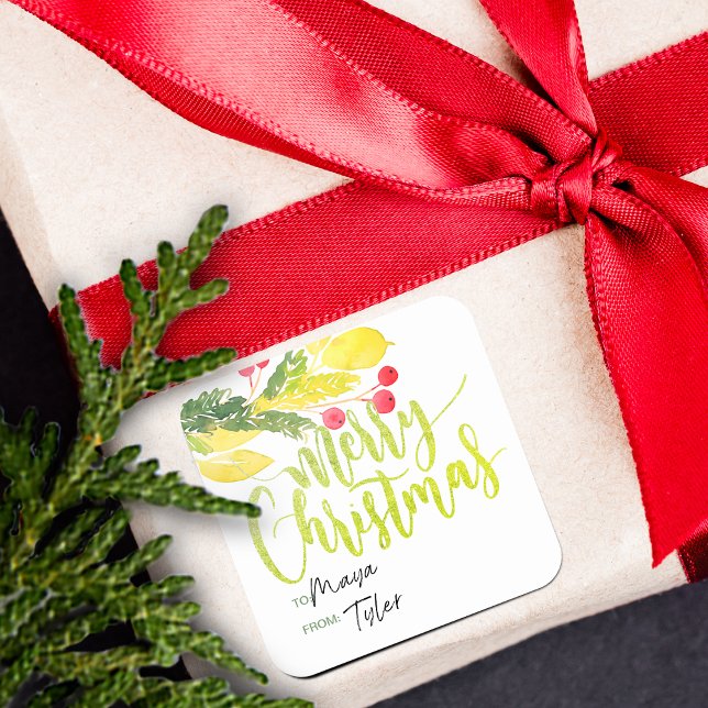 Pegatina Cuadrada Bayas de Navidad de Invierno De y Para (Winter Christmas Berries | Gift Tag Sticker)
