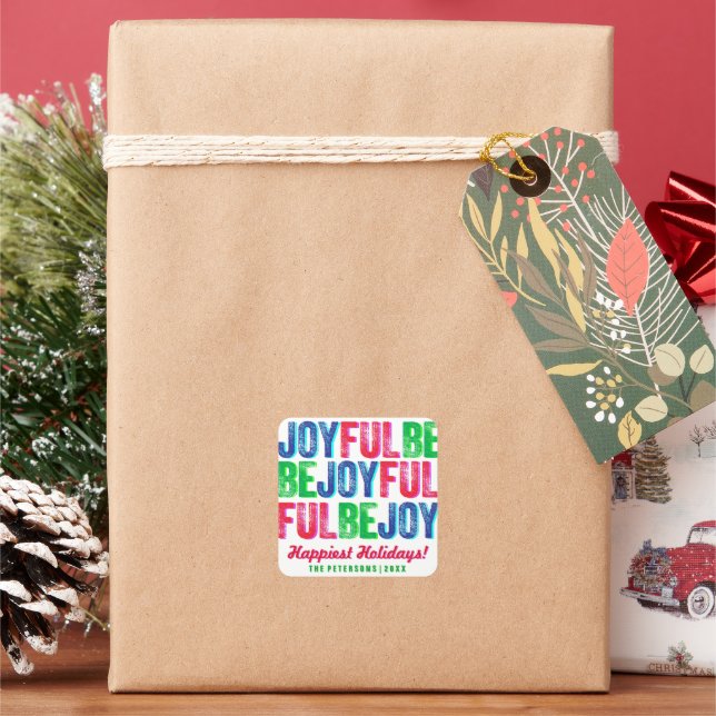 Pegatina Cuadrada Be Joyful Colorful Navidades Holiday Letterpress (Vacaciones)