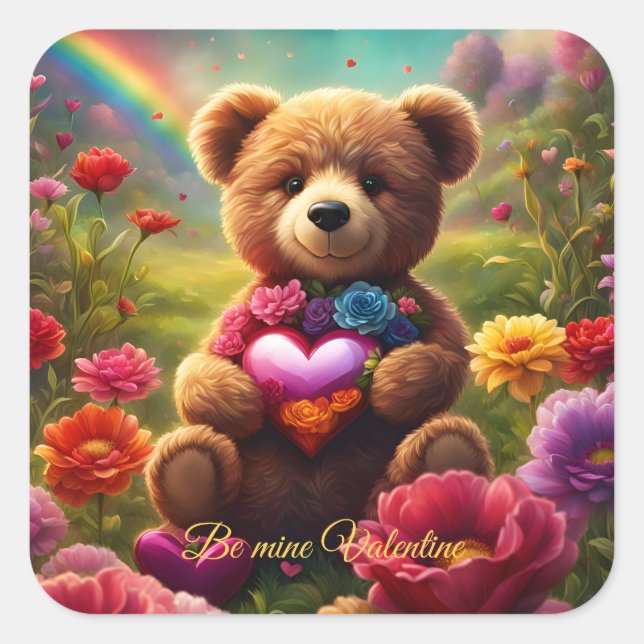 Pegatina Cuadrada Be mine Valentine Teddy 1 (Anverso)
