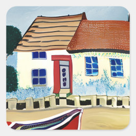 Pegatina Cuadrada Beach House y el Ilustracion Resumen de Barcos
