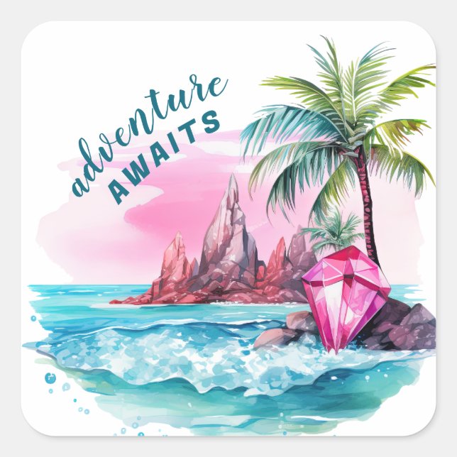 Pegatina Cuadrada Beach Palm Tree Mountain View Adventure (Anverso)