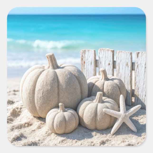 Pegatina Cuadrada Beach Sand Pumpkins and Starfish (Anverso)