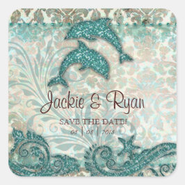 Pegatina Cuadrada Beach Save Date Wedding Delfines de matrimonio