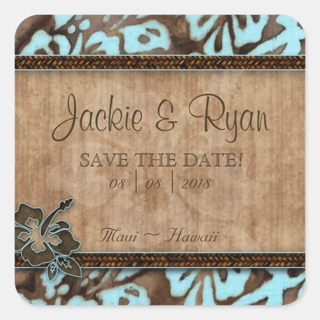 Pegatina Cuadrada Beach Save Date Wedding Stickers Hibiscus Flower (Anverso)