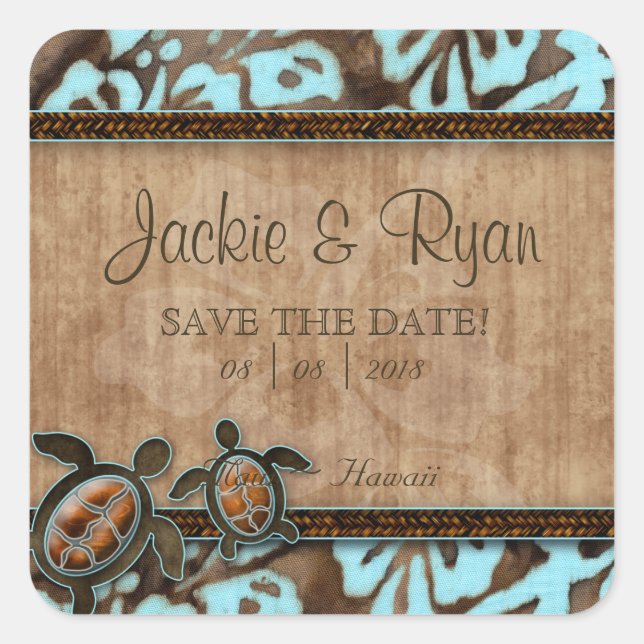 Pegatina Cuadrada Beach Save Date Wedding Stickers Turtles (Anverso)