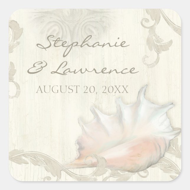 Pegatina Cuadrada Beach Seashore Shell Wooden Boda Bridal Shower (Anverso)