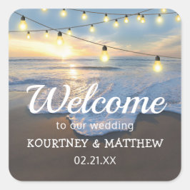 Pegatina Cuadrada Beach Seaside String Lights Welcome Boda