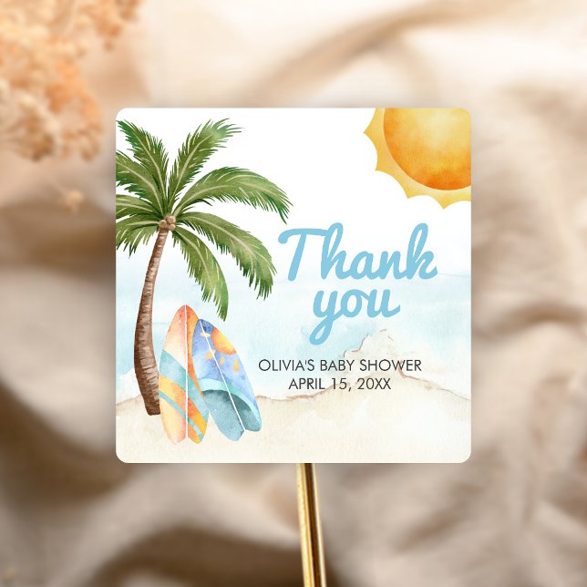 Pegatina Cuadrada Beach Surf Baby on Board Baby Shower (Baby on Board Baby Shower Sticker)