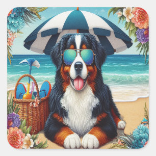 Pegatina Cuadrada Beachside Bernese Bliss: Perro Guay con gafas de s