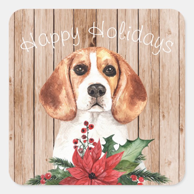 Pegatina Cuadrada Beagle acuarela y Navidades Personalizable Bouquet (Anverso)