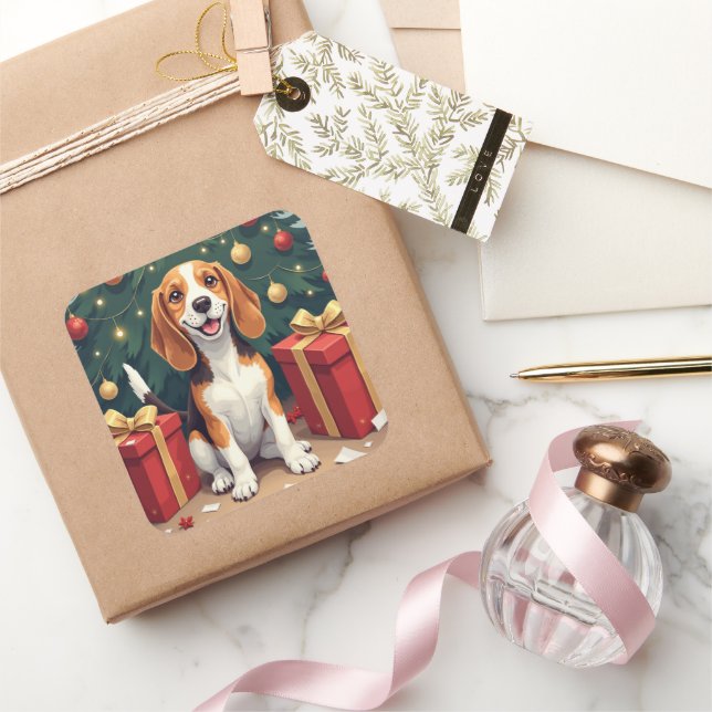 Pegatina Cuadrada Beagle Christmas Morning Gift-Unboxing Painting (Regalar)