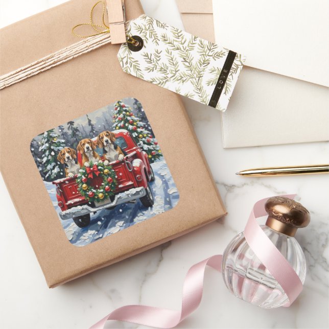 Pegatina Cuadrada Beagle Christmas Red Truck Holiday (Regalar)