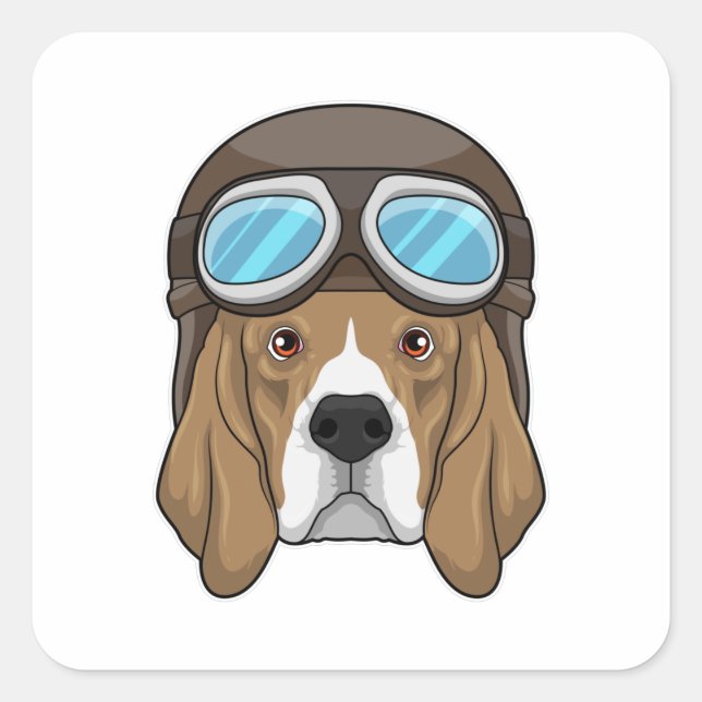 Pegatina Cuadrada Beagle como piloto con gorra piloto (Anverso)