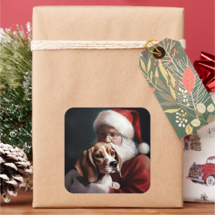 Pegatina Cuadrada Beagle con Navidades festivos de Santa Claus