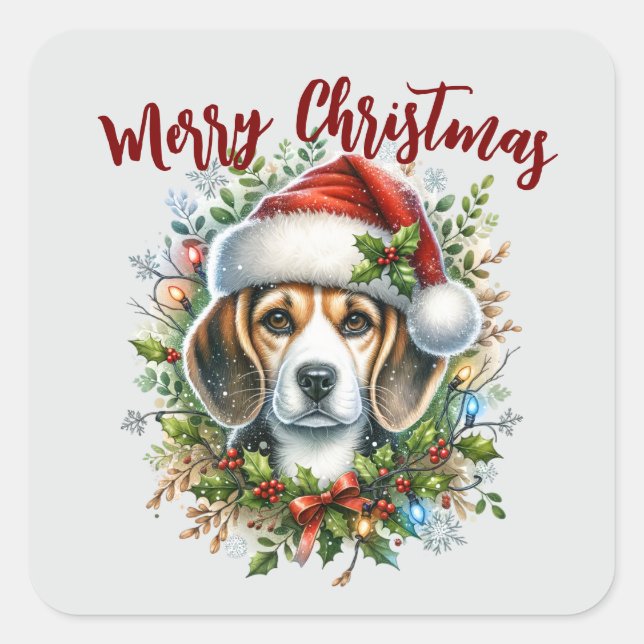 Pegatina Cuadrada Beagle de Navidad Estilo Rústico de Granja  (Anverso)