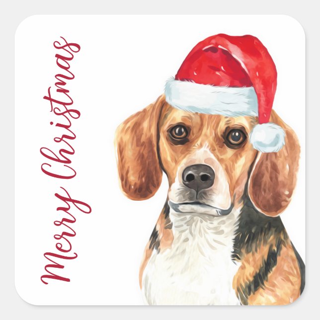 Pegatina Cuadrada Beagle Dog Santa Cute Feliz Navidad (Anverso)