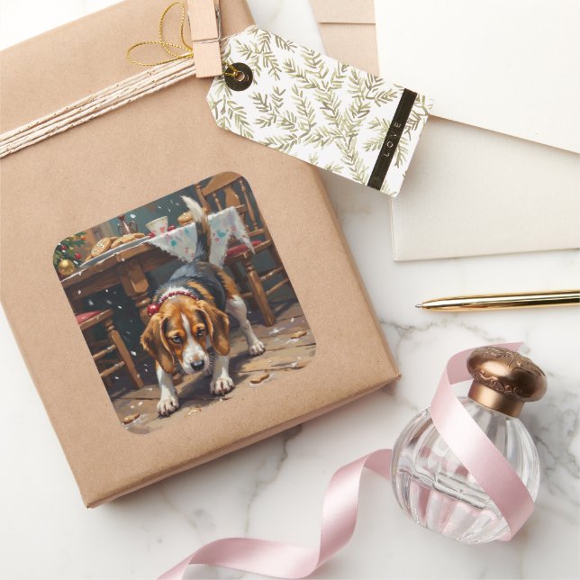 Pegatina Cuadrada Beagle Dog Tracking Gingerbread Christmas Fun Art (Regalar)