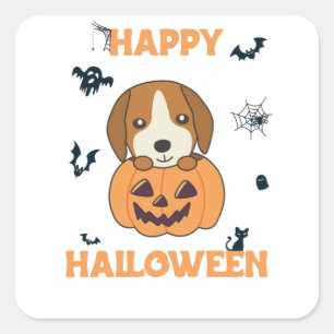 Pegatina Cuadrada Beagle En Calabaza Dulces Perros Feliz Halloween