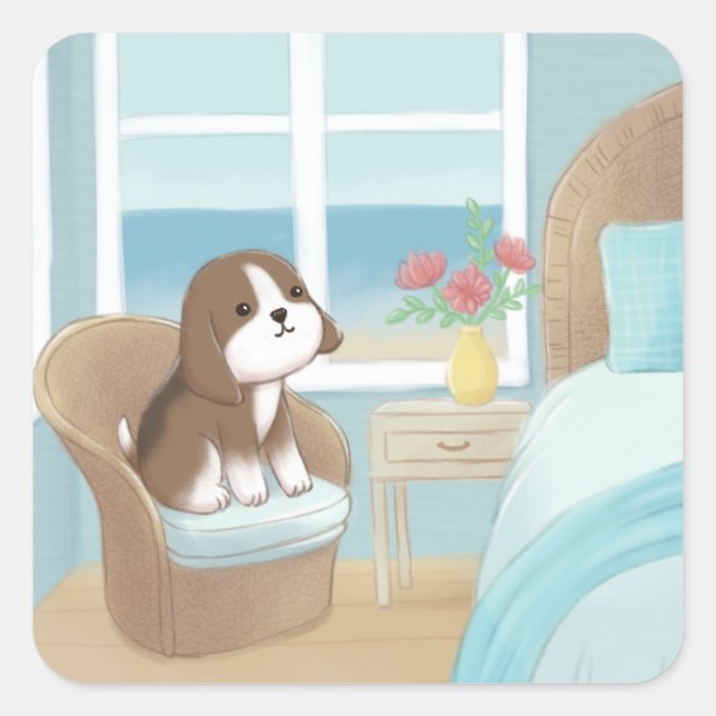 Pegatina Cuadrada Beagle en Ilustracion de dormitorio (Anverso)