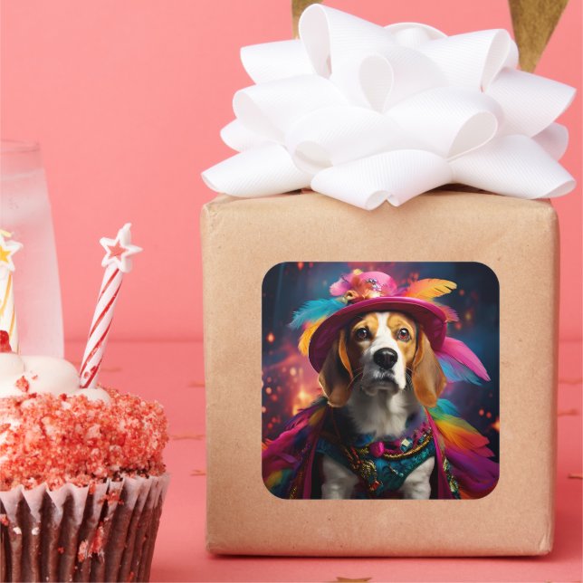 Pegatina Cuadrada Beagle en un Gorra de Feathered (Fiesta)