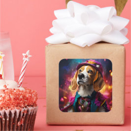 Pegatina Cuadrada Beagle en un Gorra rosado