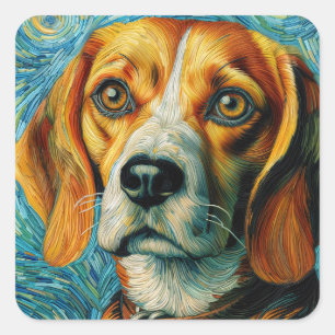 Pegatina Cuadrada Beagle Estilo Van Gogh
