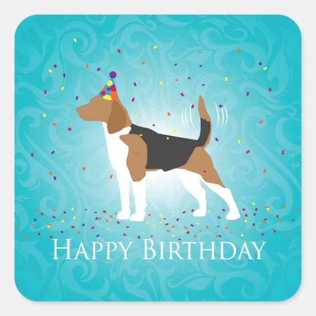 Pegatina Cuadrada Beagle Happy Birday Design (Anverso)