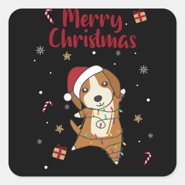 Pegatina Cuadrada Beagle Merry Christmas Winter Animals Dog (Anverso)