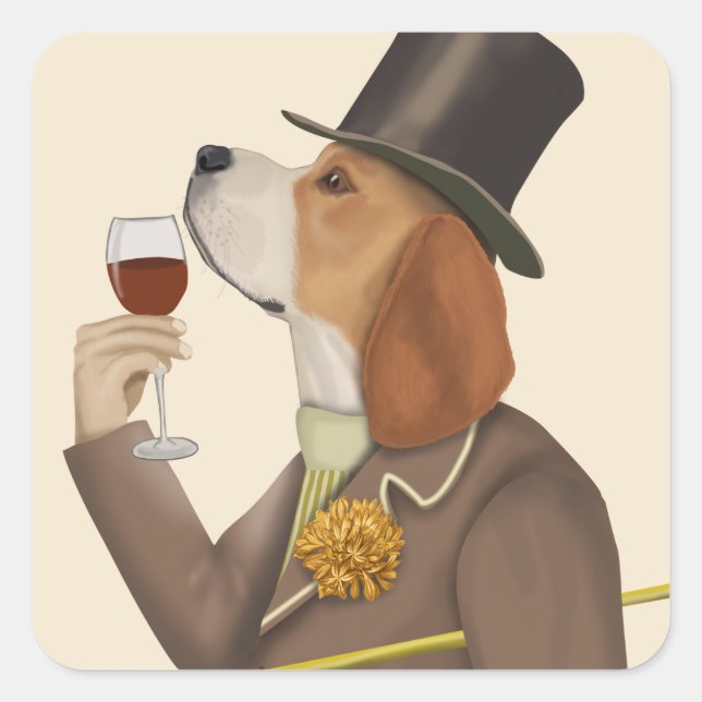 Pegatina Cuadrada Beagle Wine Snob (Anverso)