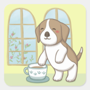 Pegatina Cuadrada Beagle y Copa de Café